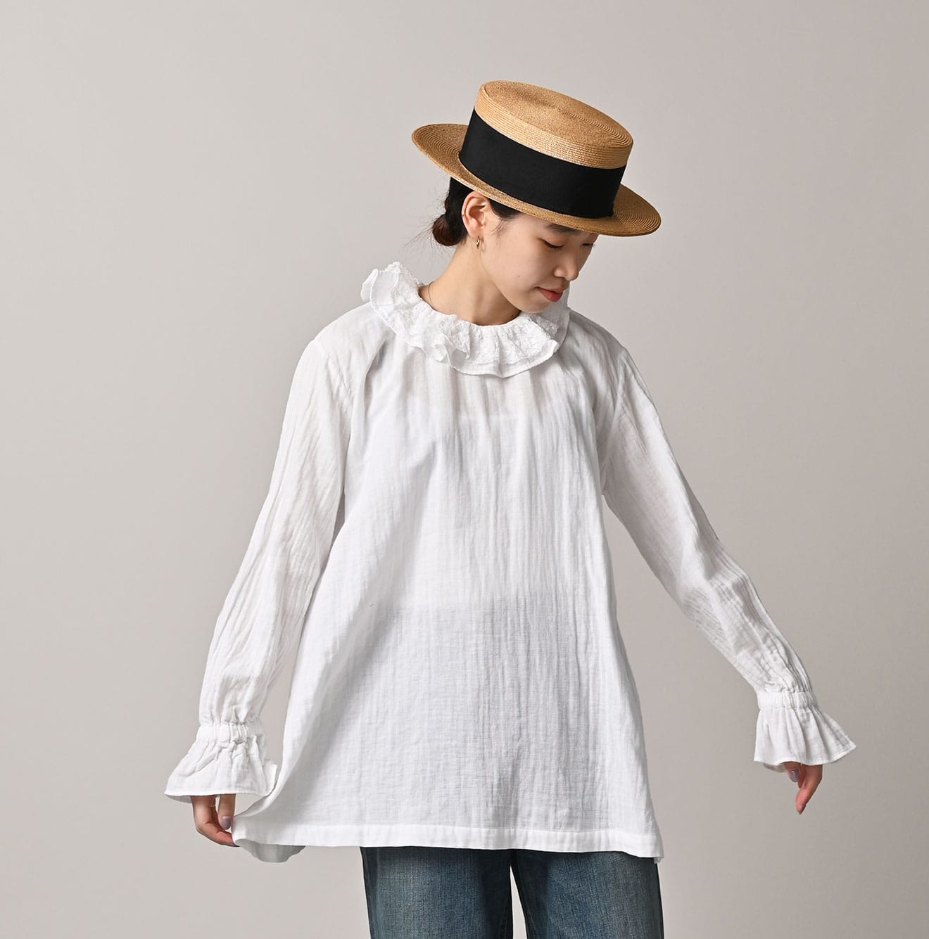 45R Gauze Doublecloth Frilled Collar Blouse