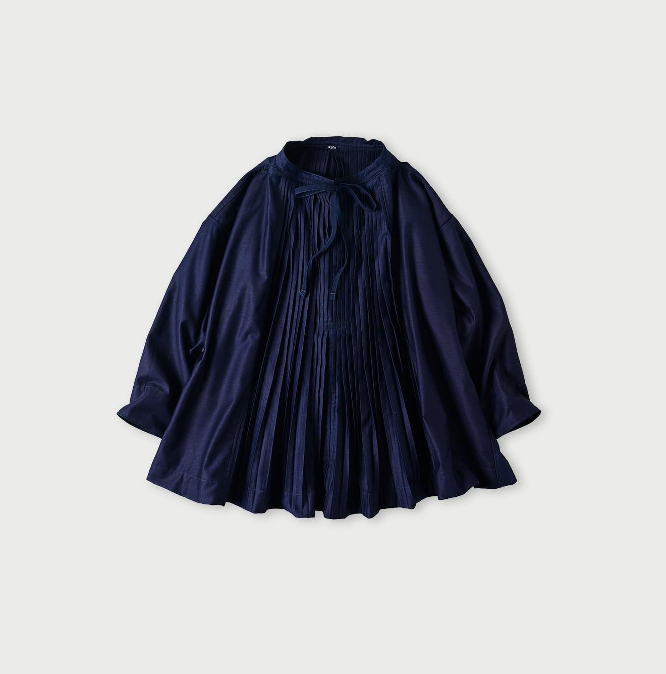 45R Indigo Awa Satin Pleats Smoking Blouse