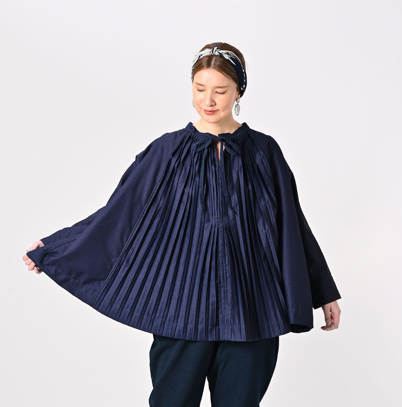 45R Indigo Awa Satin Pleats Smoking Blouse