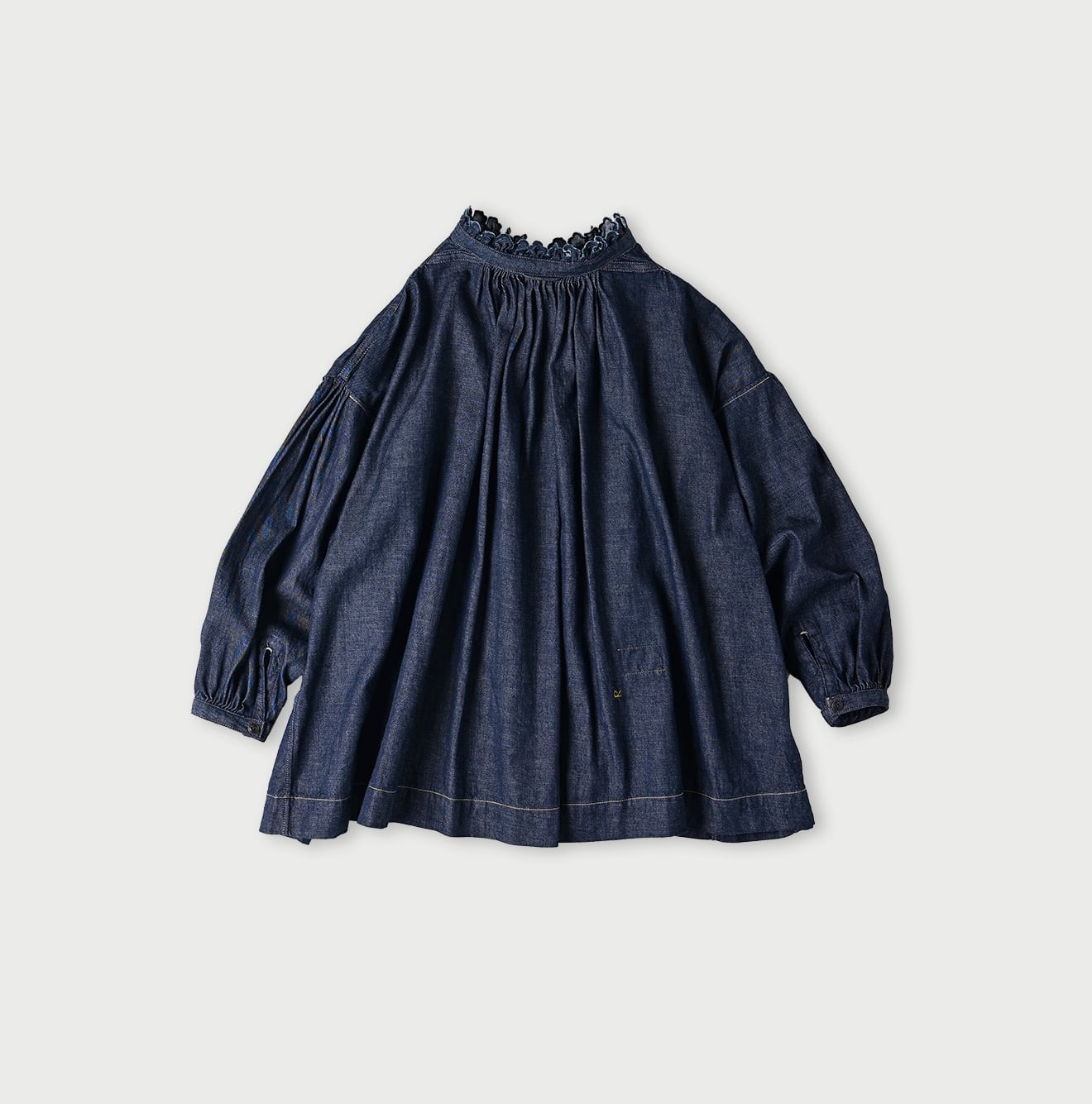 45R Indigo 45 Petit Denim Cutwork Embroidery Smocking Blouse