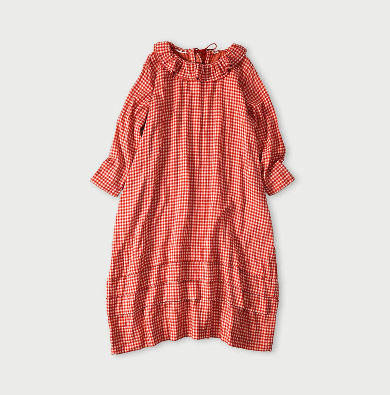 45R Gauze Doublecloth Frilled Collar Plaid Dress - Image 1