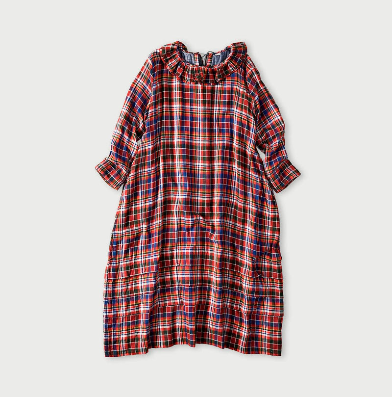Gauze Doublecloth Frilled Collar Plaid Dress