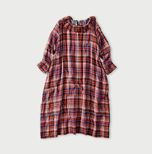 Gauze Doublecloth Frilled Collar Plaid Dress