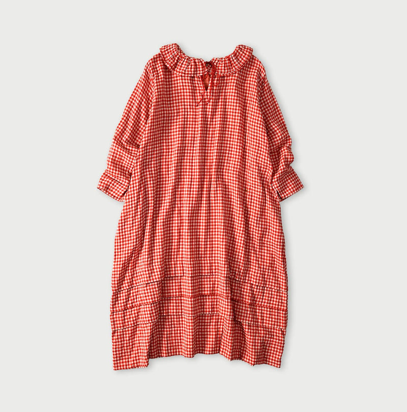 45R Gauze Doublecloth Frilled Collar Plaid Dress