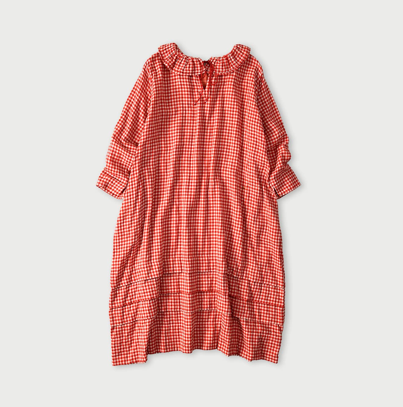 45R Gauze Doublecloth Frilled Collar Plaid Dress