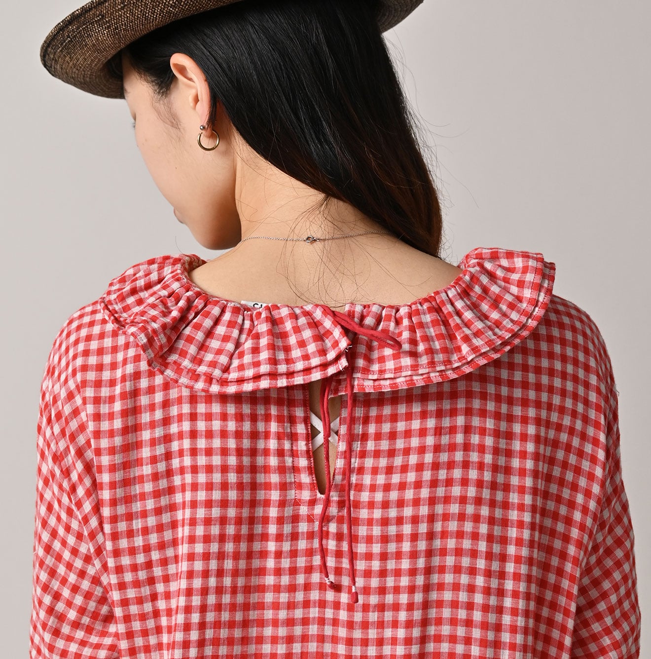 45R Gauze Doublecloth Frilled Collar Plaid Dress - Image 9