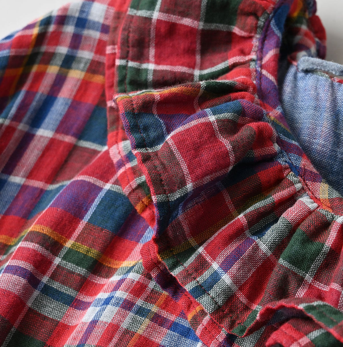 45R Gauze Doublecloth Frilled Collar Plaid Dress