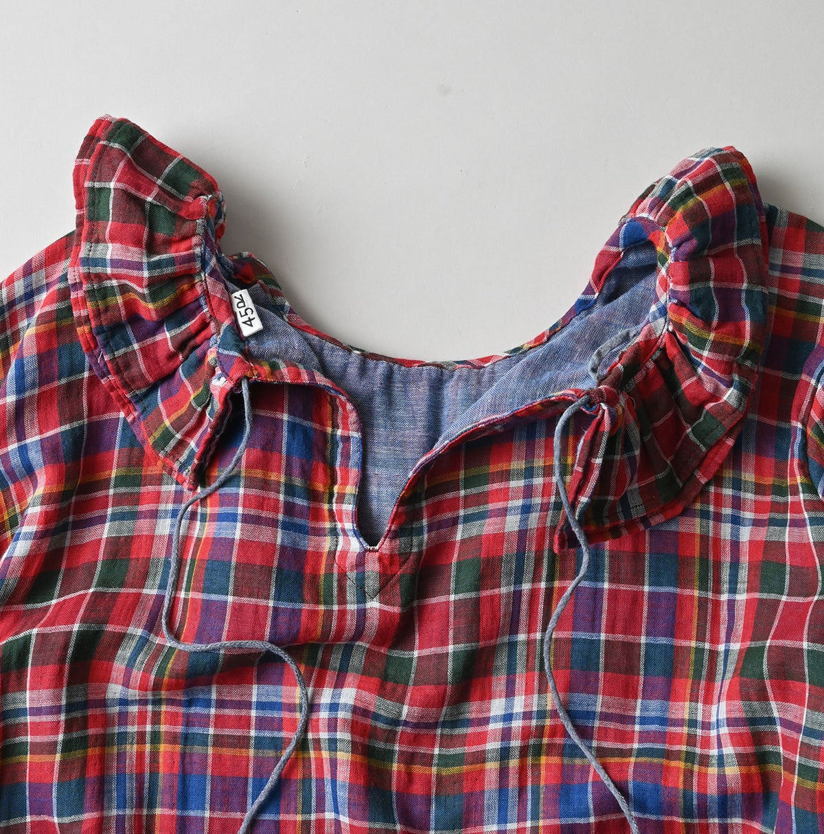 45R Gauze Doublecloth Frilled Collar Plaid Dress
