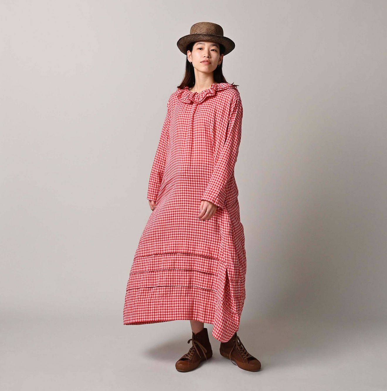 45R Gauze Doublecloth Frilled Collar Plaid Dress
