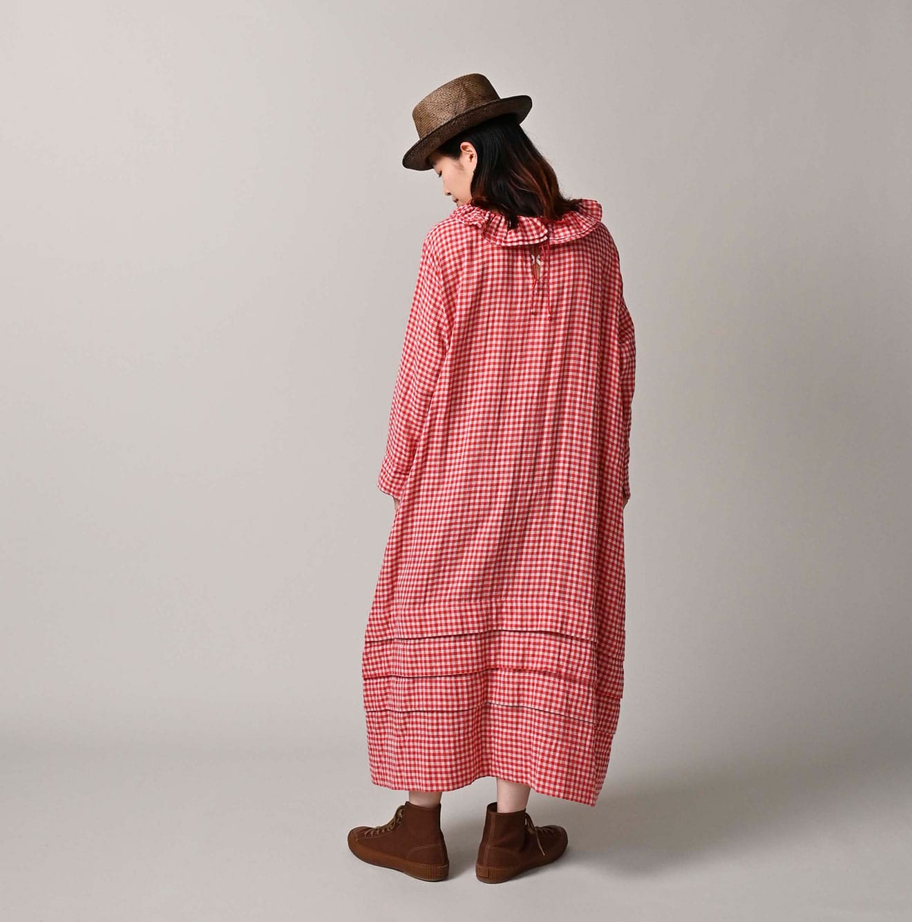 45R Gauze Doublecloth Frilled Collar Plaid Dress