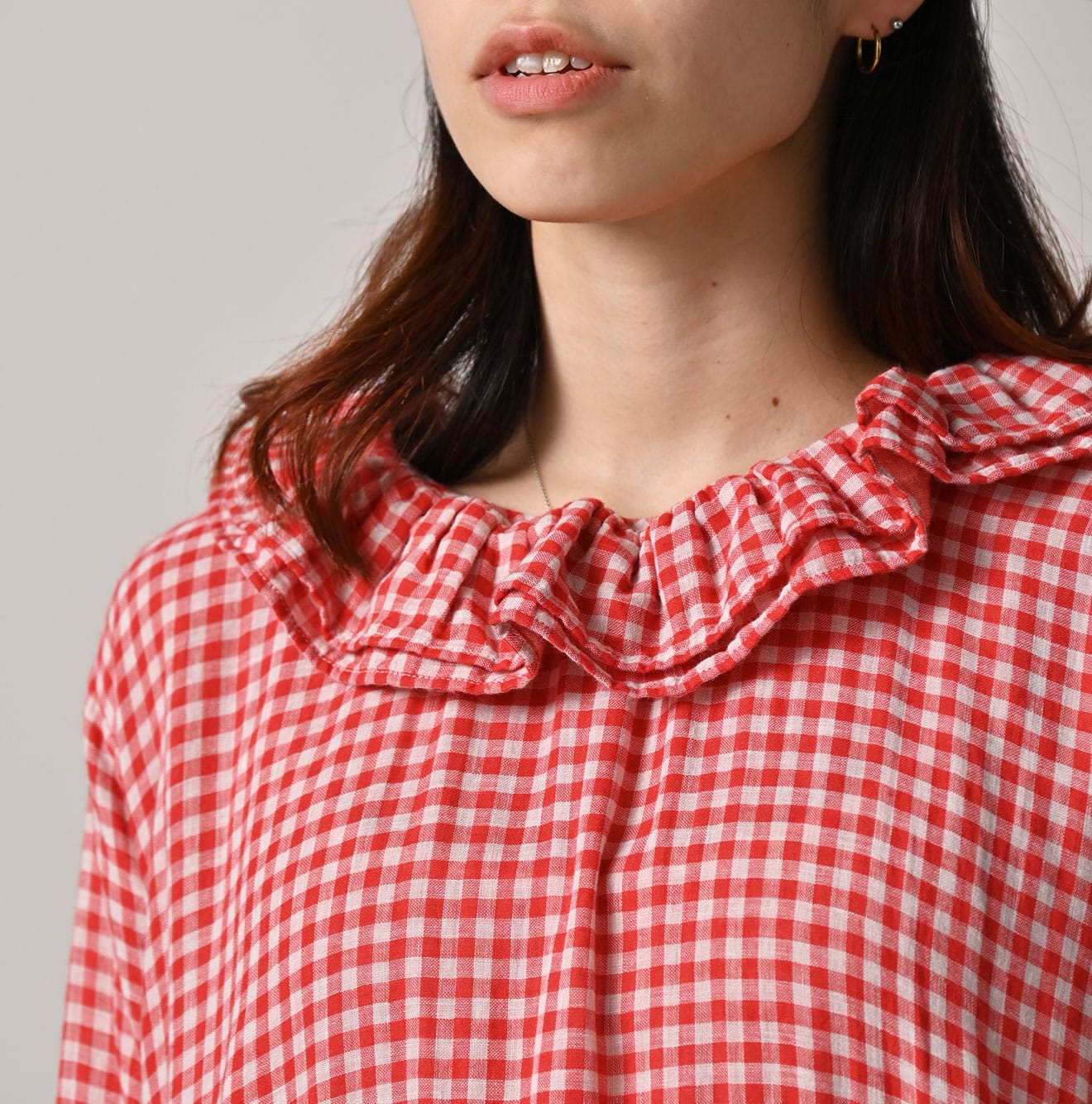 45R Gauze Doublecloth Frilled Collar Plaid Dress - Image 6