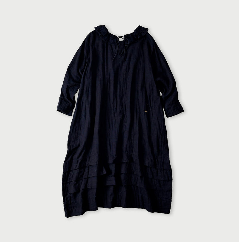 45R Indigo Gauze Doublecloth Frilled Collar Dress
