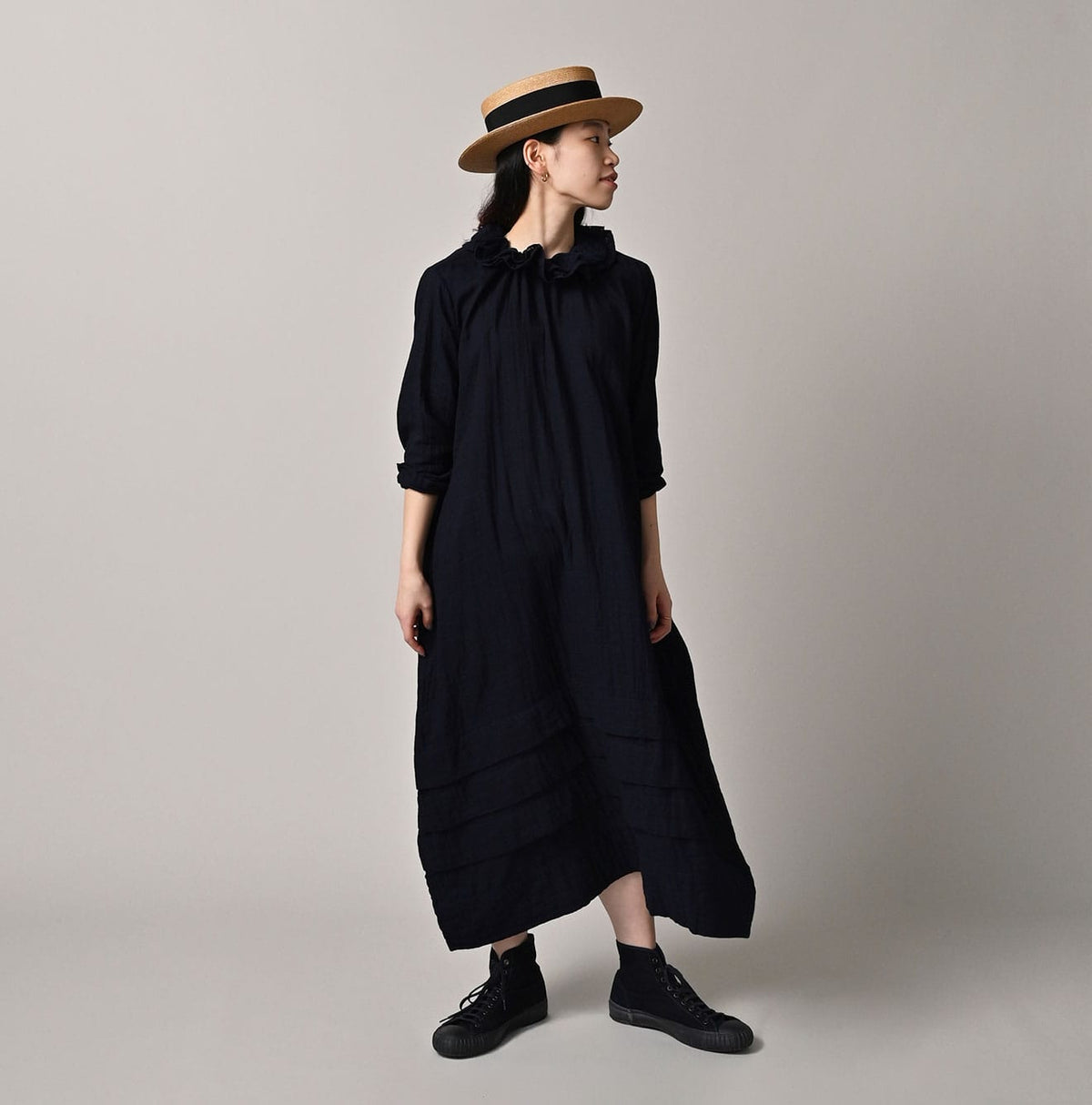 45R Indigo Gauze Doublecloth Frilled Collar Dress