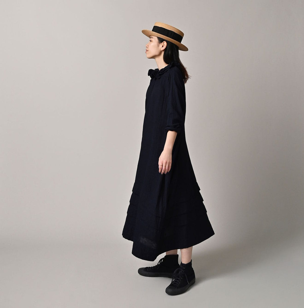 45R Indigo Gauze Doublecloth Frilled Collar Dress