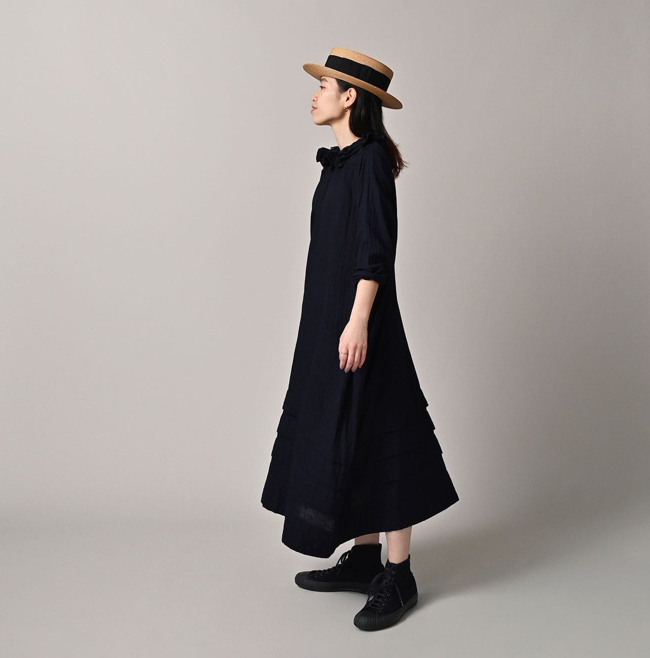 45R Indigo Gauze Doublecloth Frilled Collar Dress