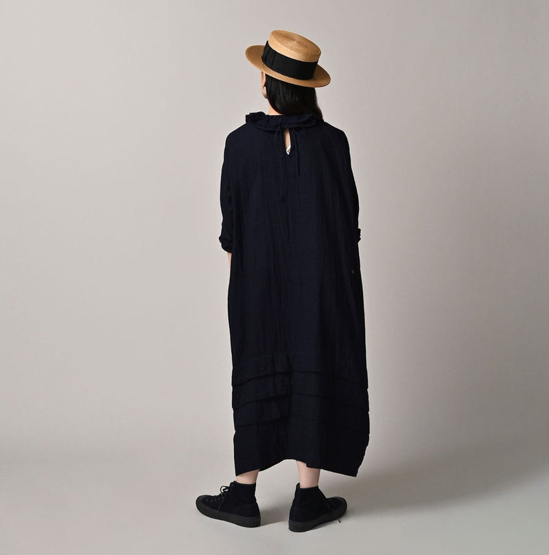 45R Indigo Gauze Doublecloth Frilled Collar Dress