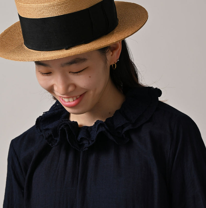 45R Indigo Gauze Doublecloth Frilled Collar Dress