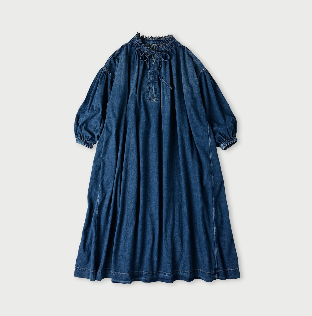 45R Indigo 45 Petit Denim Cutwork Embroidery Smocking Dress Distressed