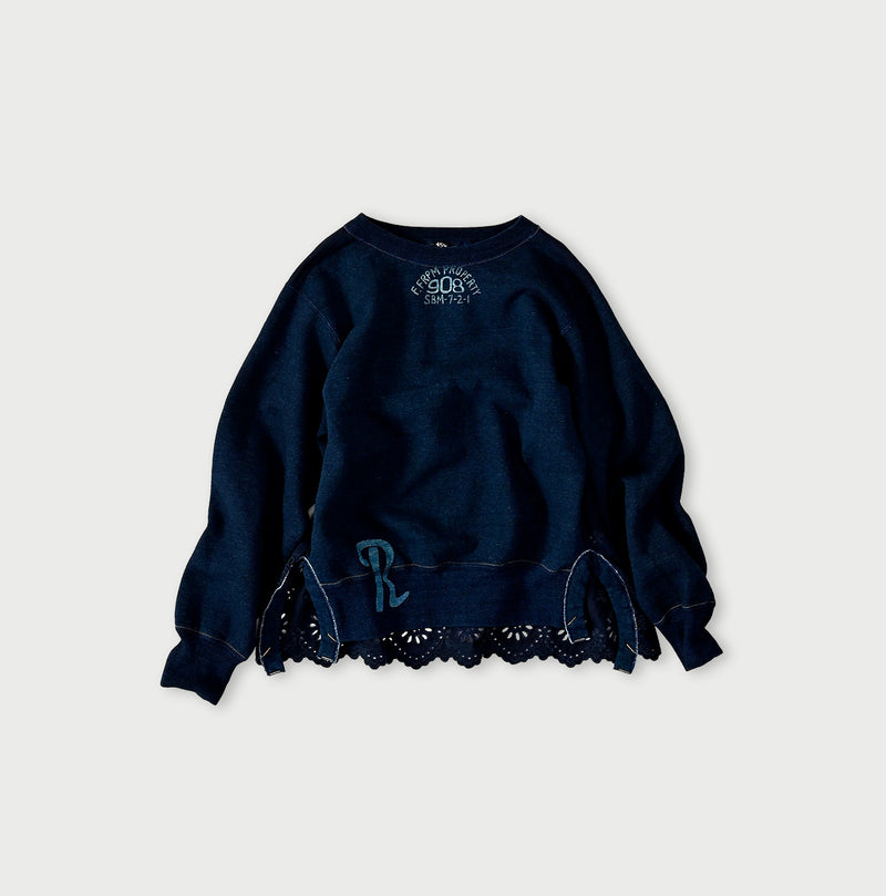 45R Indigo Cotton Fleece Cutwork Top