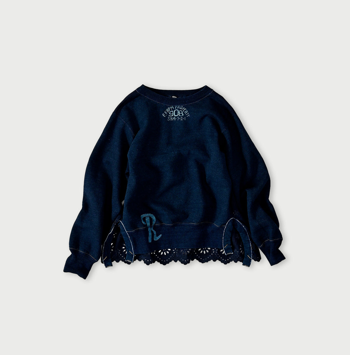 45R Indigo Cotton Fleece Cutwork Top