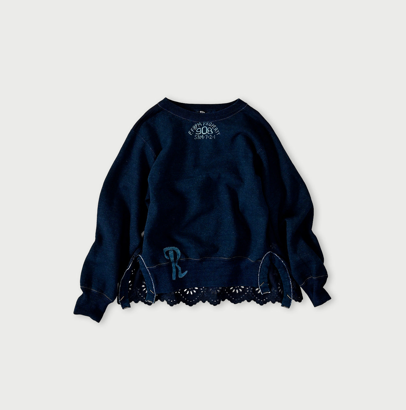 45R Indigo Cotton Fleece Cutwork Top