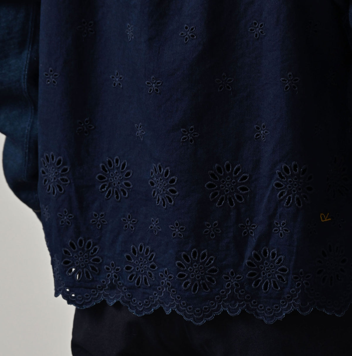 45R Indigo Cotton Fleece Cutwork Top
