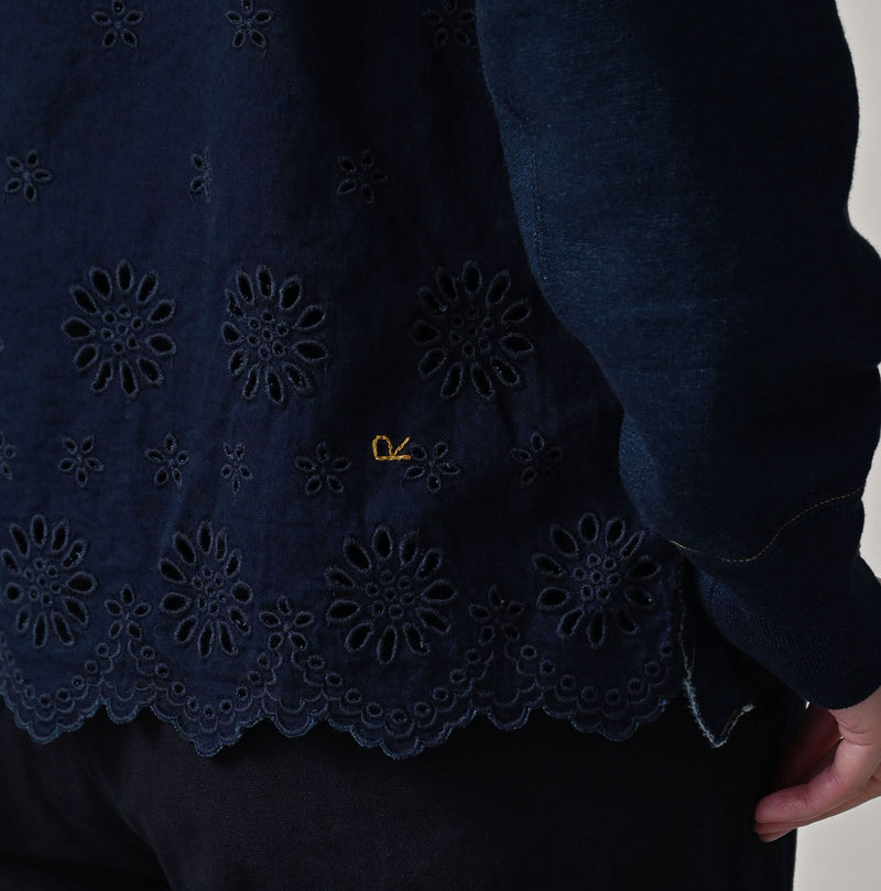 45R Indigo Cotton Fleece Cutwork Top