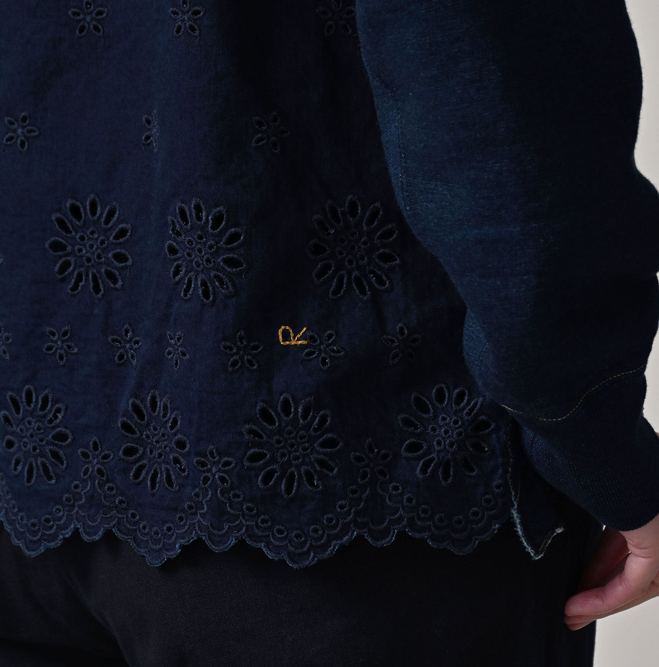 45R Indigo Cotton Fleece Cutwork Top
