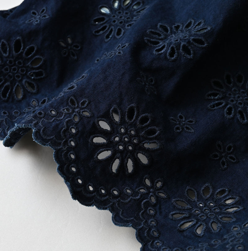 45R Indigo Cotton Fleece Cutwork Top