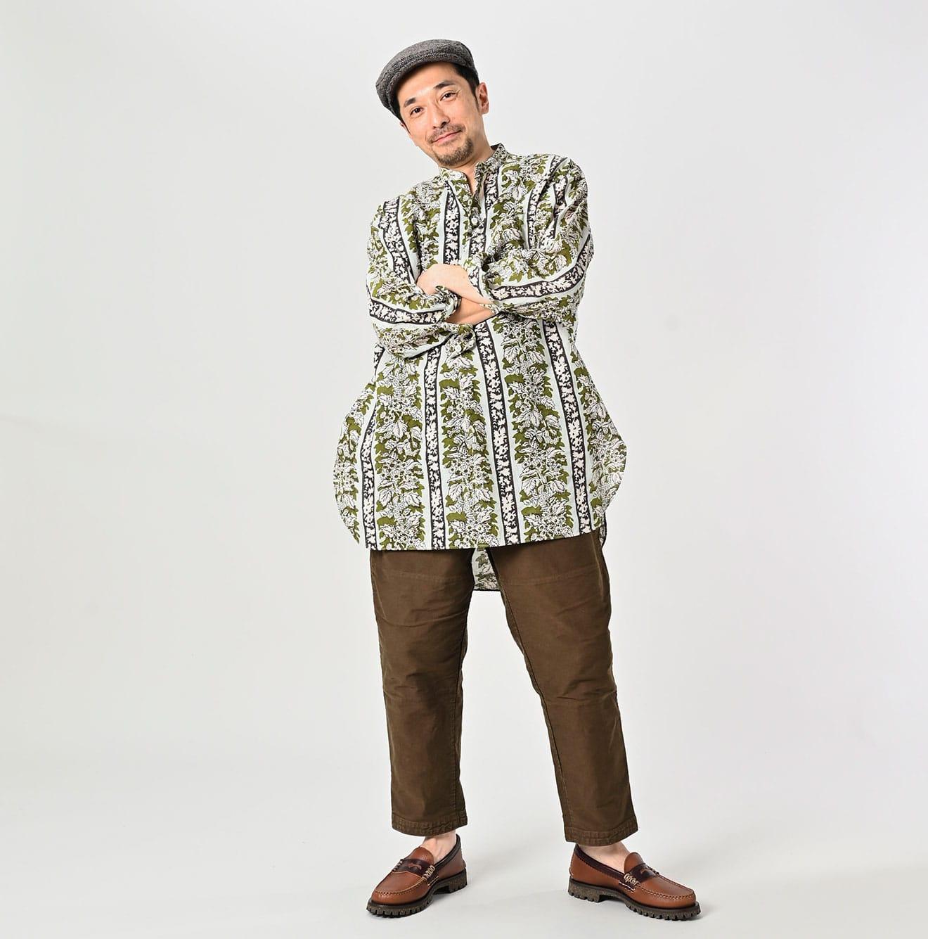 Stripe Flower Block Print 908 Grandpa Pullover Shirt - 45R by 45rpm studio - Image 3