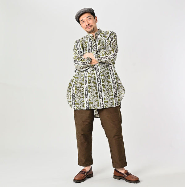Stripe Flower Block Print 908 Grandpa Pullover Shirt - 45R by 45rpm studio