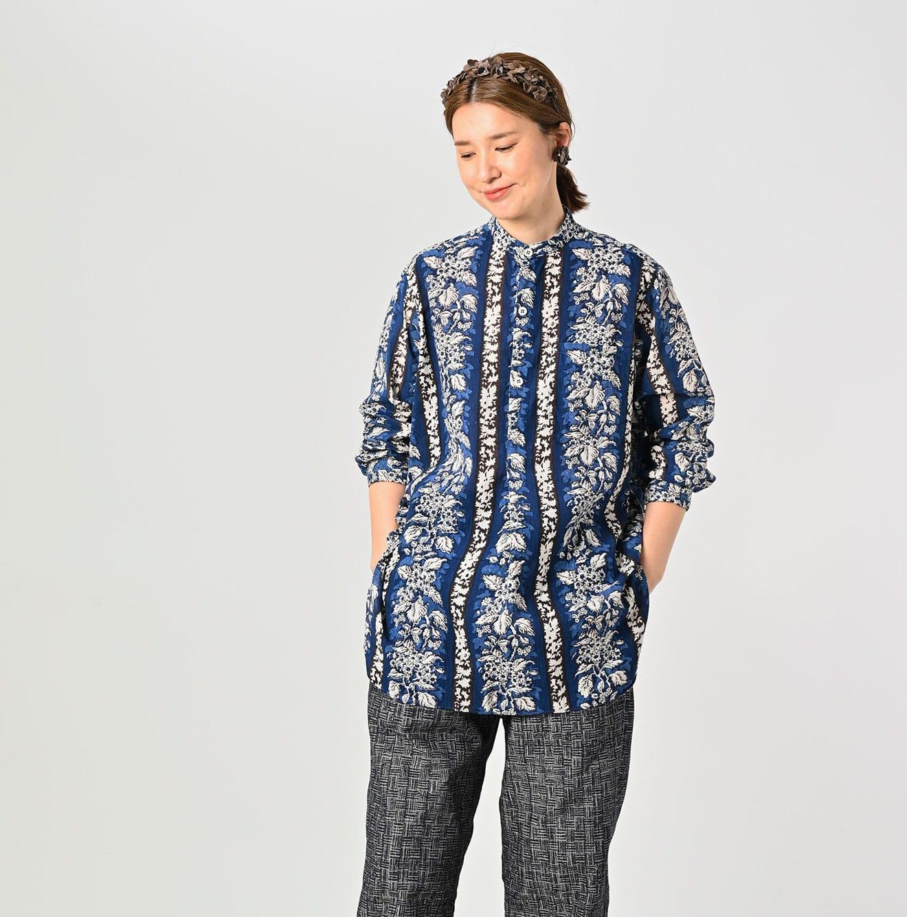 Stripe Flower Block Print 908 Grandpa Pullover Shirt - 45R by 45rpm studio - Image 4