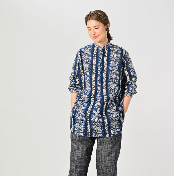 Stripe Flower Block Print 908 Grandpa Pullover Shirt - 45R by 45rpm studio