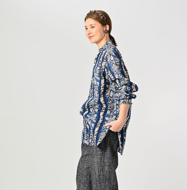 Stripe Flower Block Print 908 Grandpa Pullover Shirt - 45R by 45rpm studio
