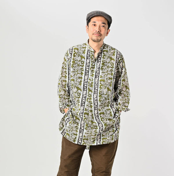 Stripe Flower Block Print 908 Grandpa Pullover Shirt - 45R by 45rpm studio