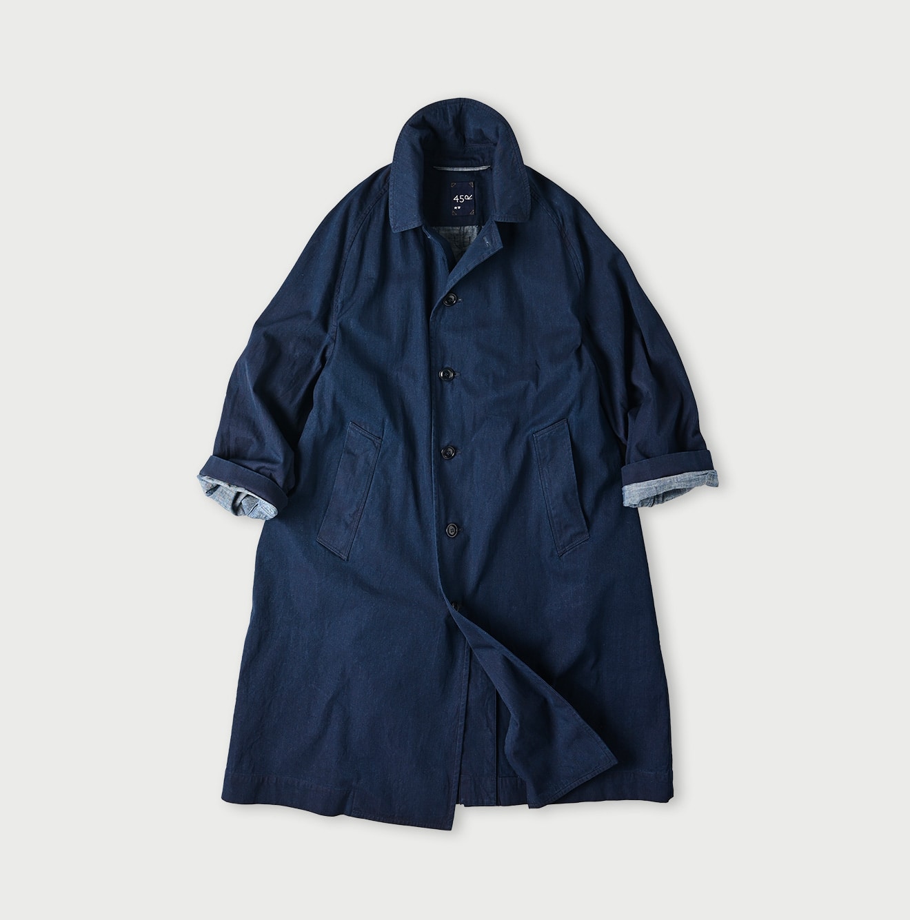 45R Indigo Light Gabardine 908 Balmacaan Coat