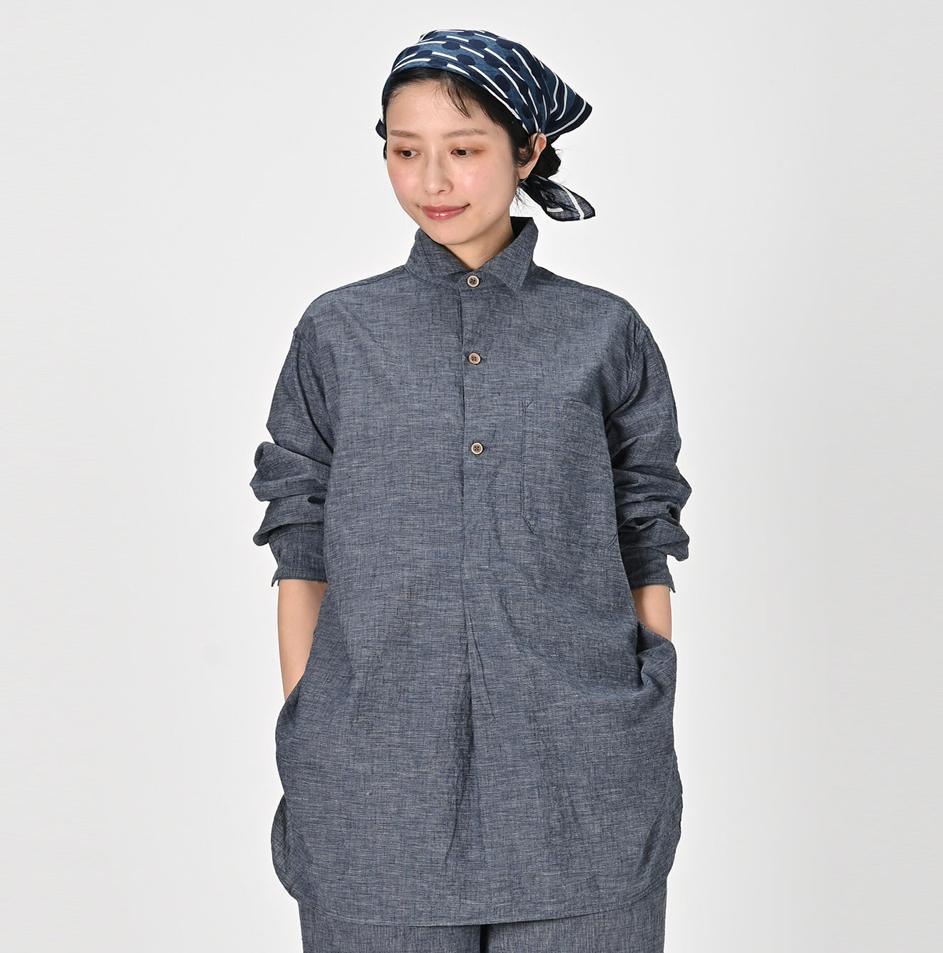 45R Indigo Hakeme 908 Grandpa Pullover Shirt