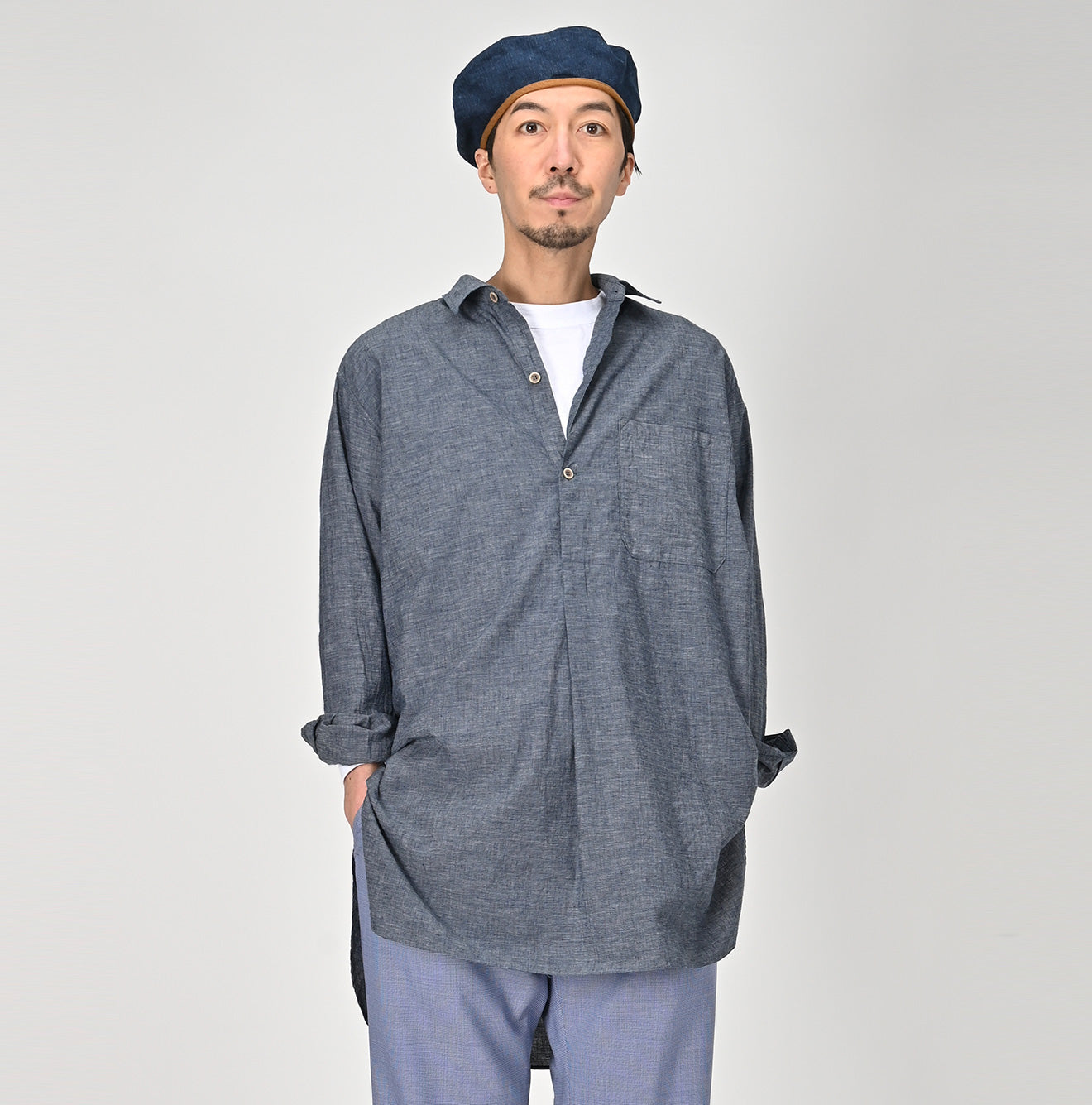 45R Indigo Hakeme 908 Grandpa Pullover Shirt