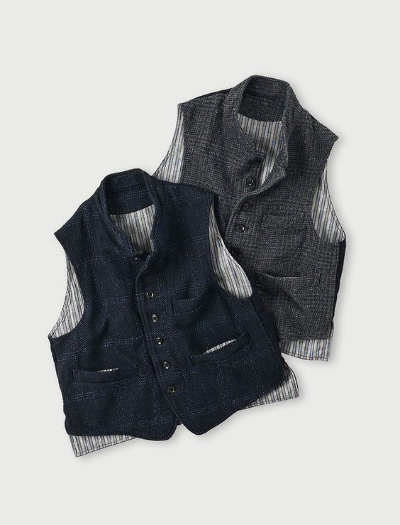 Indigo Cotton Tweed 908 Stand Collar Vest