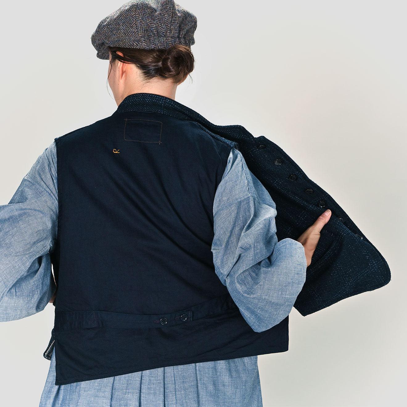 Indigo Cotton Tweed 908 Stand Collar Vest (Size 3) – 45R GLOBAL Indigo Cotton Tweed 908 Stand Collar Vest (Size 3) – 45R GLOBAL