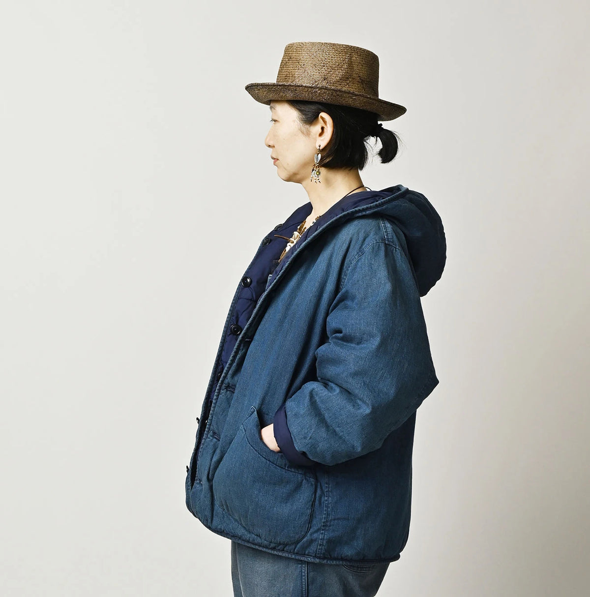 45R Light Mont Brown Denim Quilt 908 Hood Blouson Distressed