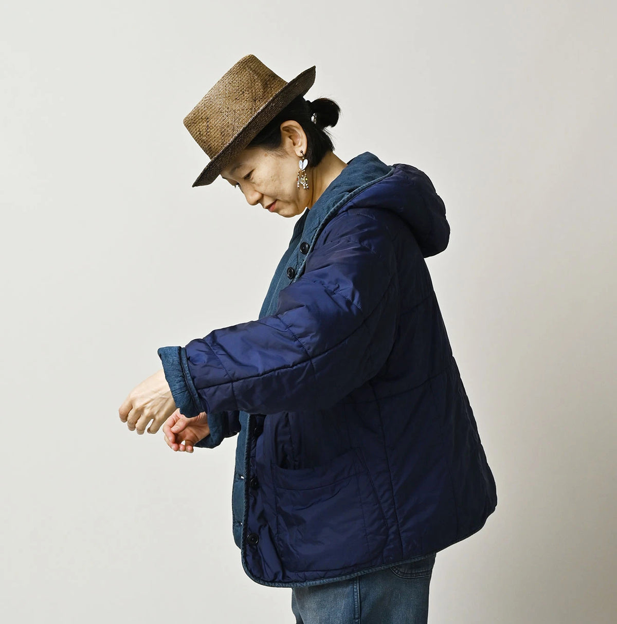 45R Light Mont Brown Denim Quilt 908 Hood Blouson Distressed