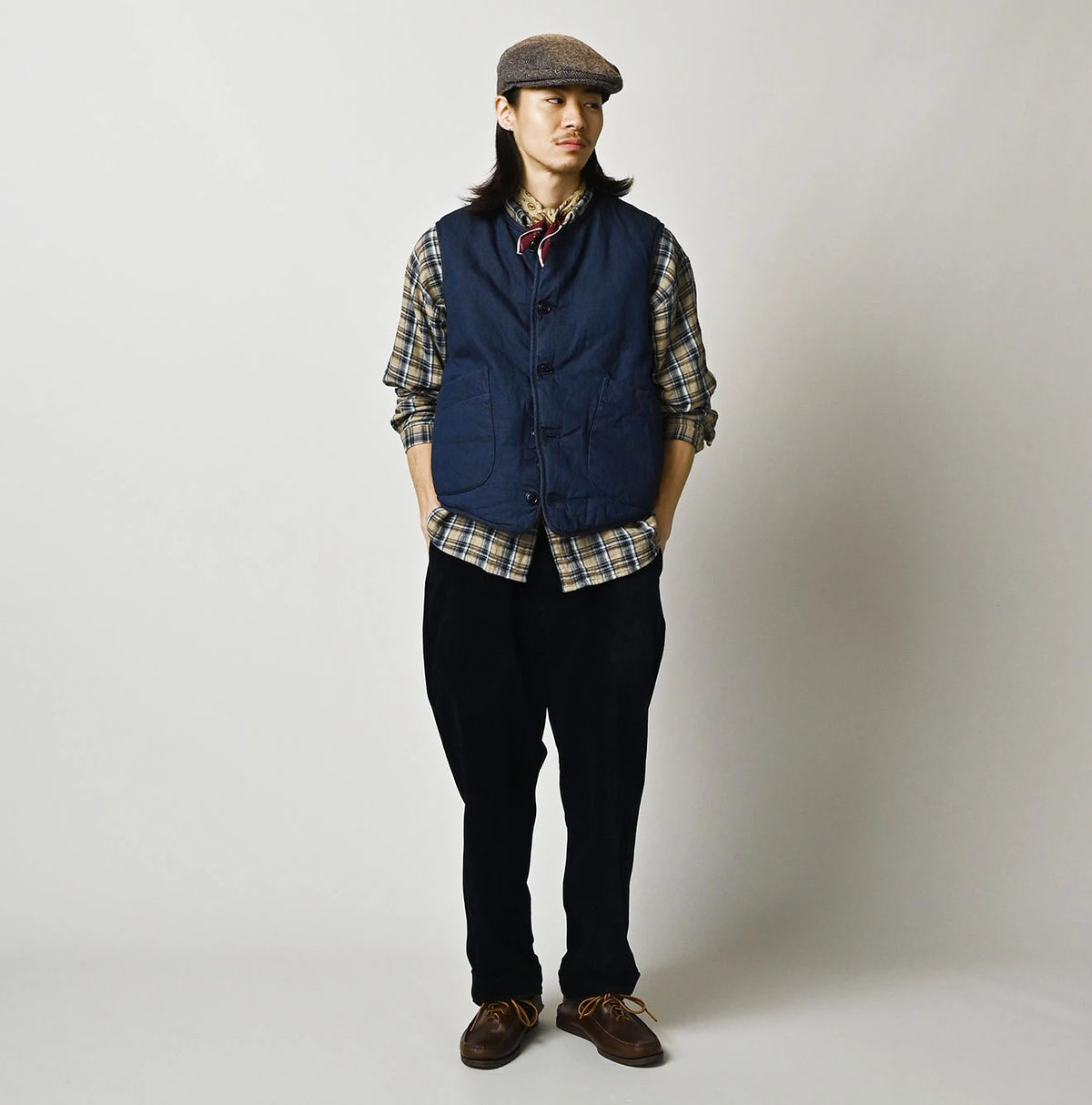 45R Light Mont Brown Denim Quilt 908 Crew Vest Nou
