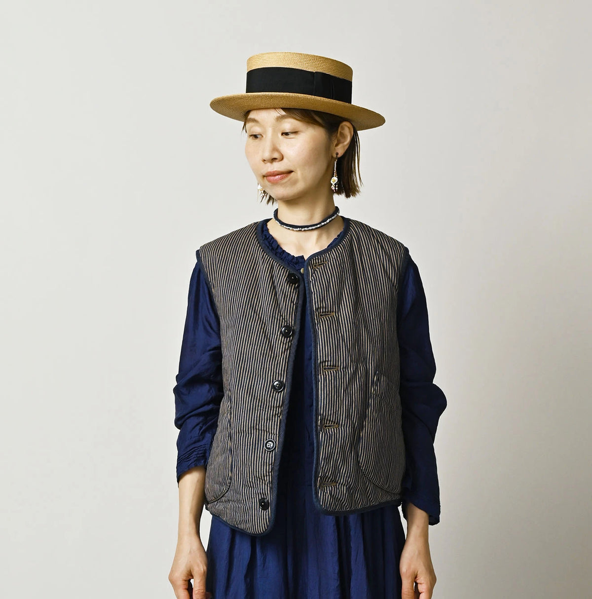 45R Light Mont Brown Denim Quilt 908 Crew Vest Nou