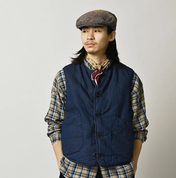 45R Light Mont Brown Denim Quilt 908 Crew Vest Nou