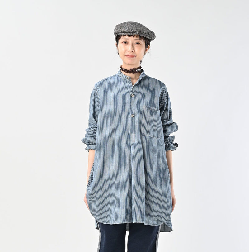 45R Indigo Khadi Shirt-denim Grandpa Pullover Shirt
