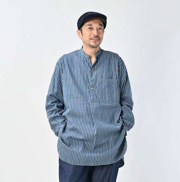 45R Indigo Khadi Shirt-denim Grandpa Pullover Shirt
