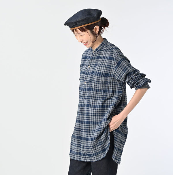 45R Indigo Fuwafuwa Double Woven Grandpa Shirt
