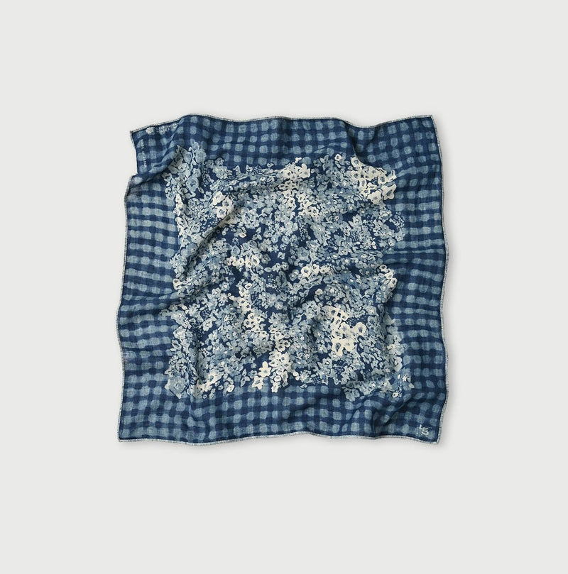 45R Indigo Twill Gingham Check Flower Bandana