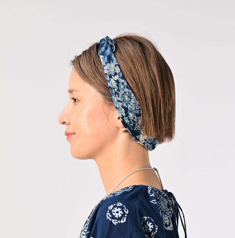 45R Indigo Twill Gingham Check Flower Bandana